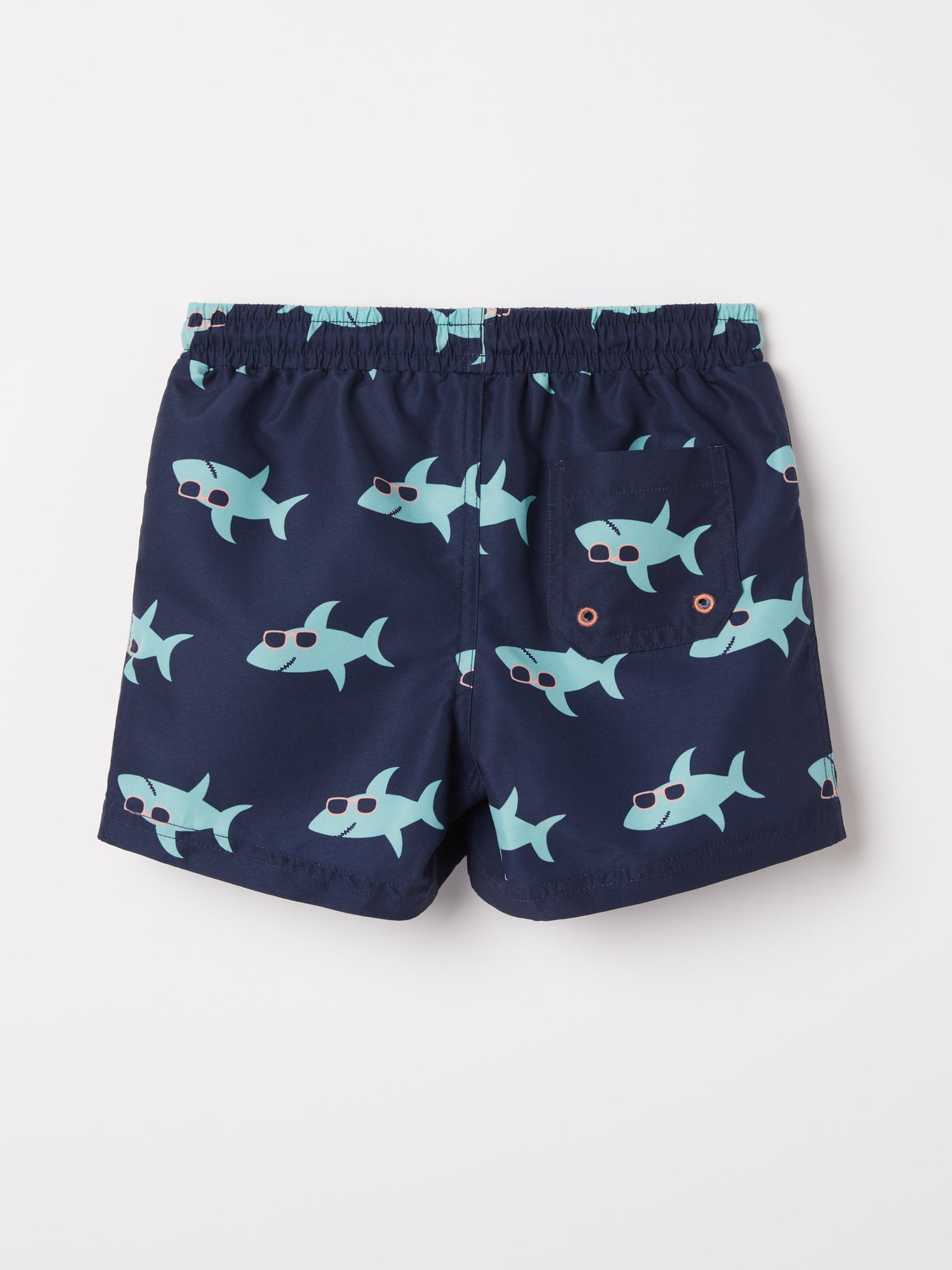 Shark Print Kids Swim Shorts from the Polarn O. Pyret baby collection. Nordic kids clothes made from sustainable sources.
