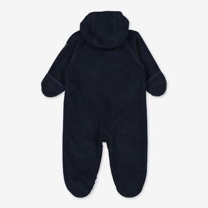 ethical Navy windproof fleece baby pramsuit, organic cotton lining and recycled polyester warmth, softness