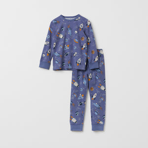 Blue Organic Cotton Space Kids Pyjamas from the Polarn O. Pyret kidswear collection. Nordic kids clothes made from sustainable sources.