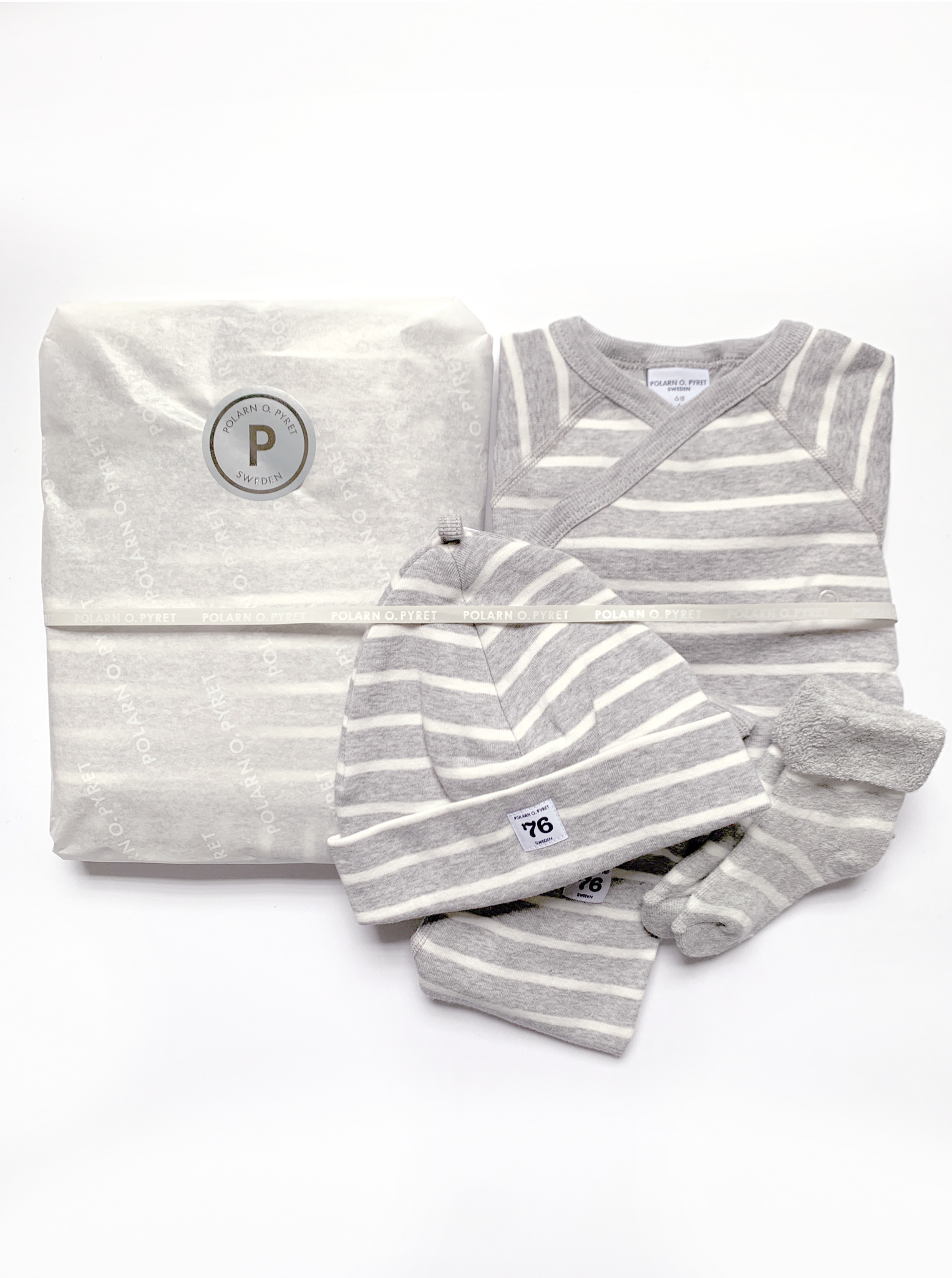 newborn baby gift set grey striped, quality hat socks bottoms babygrow, polarn o. pyret organic cotton 