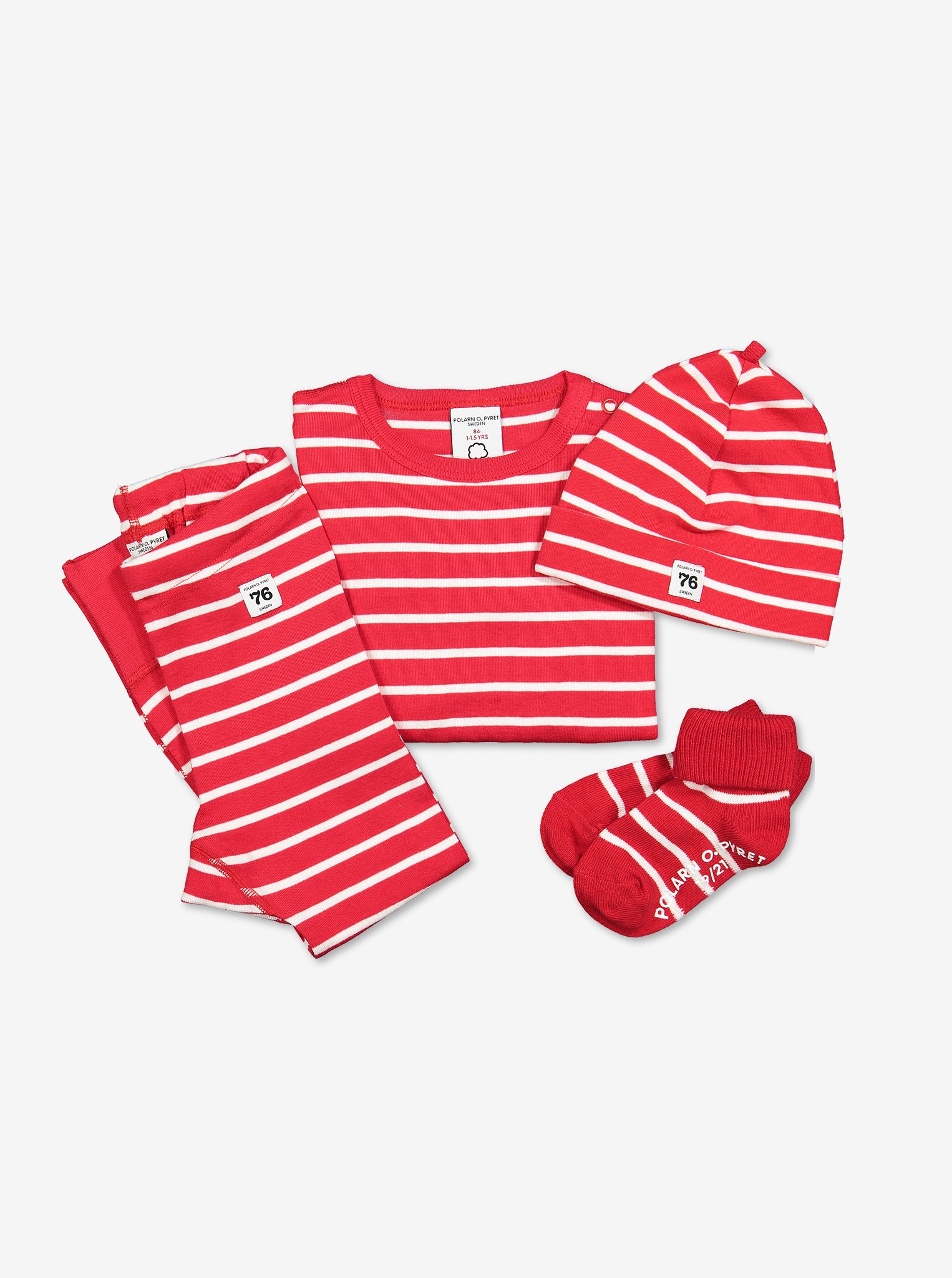 baby top, hat, socks, bottoms in red and white stripes, ethical quality organic cotton polarn o. pyret p