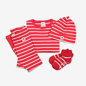 red and white stripes baby leggings, ethical organic cotton, long lasting polarn o. pyret quality including baby top , hat, leggings and socks