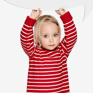 Child wearing baby top red and white stripes, ethical quality organic cotton polarn o. pyret 