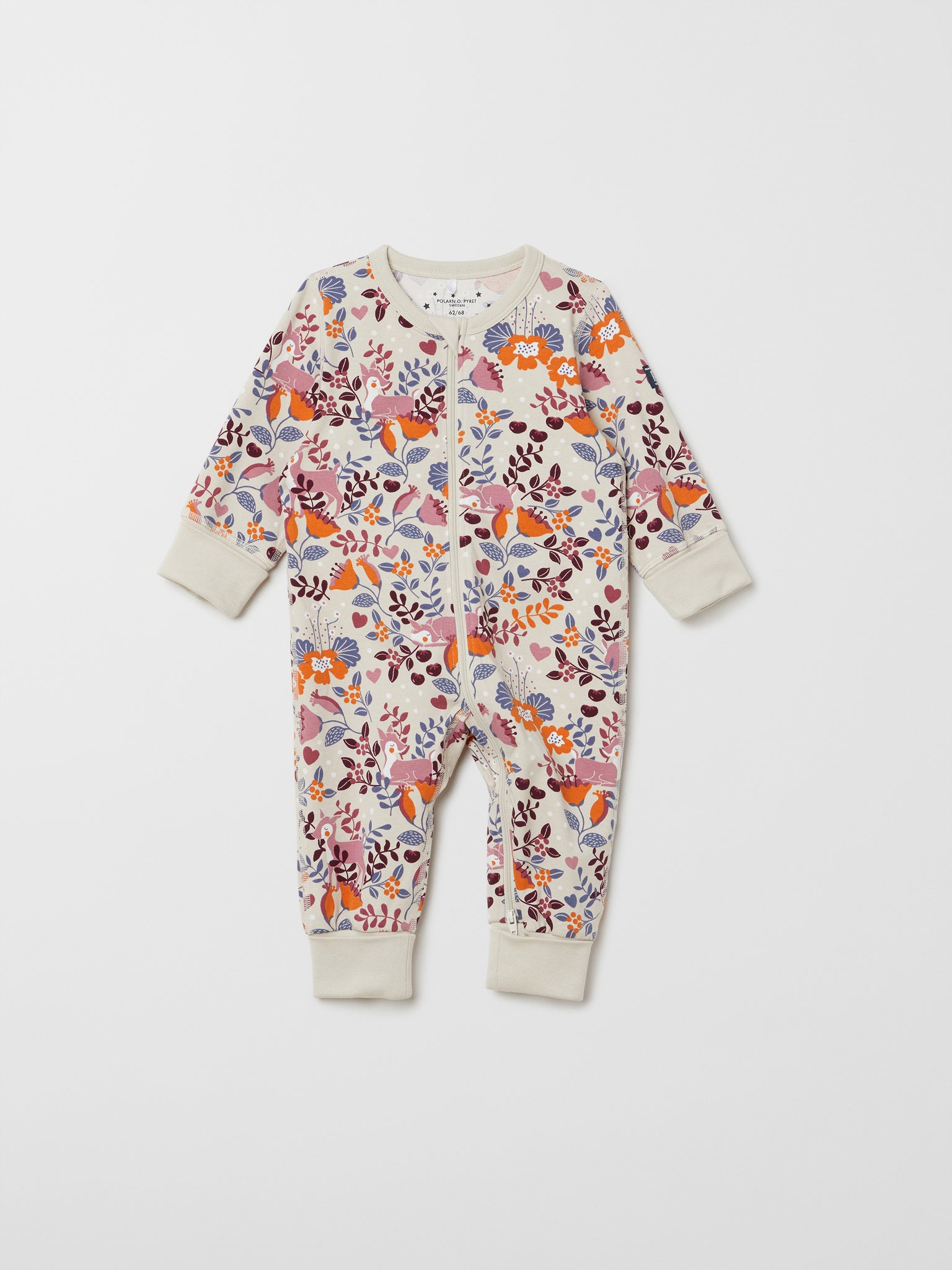 Floral Print Pink Baby Sleepsuit from the Polarn O. Pyret baby collection. Nordic baby clothes made from sustainable sources.