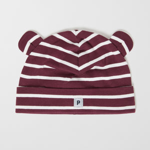 Organic Cotton Burgundy Baby Beanie from the Polarn O. Pyret baby collection. Nordic baby clothes made from sustainable sources.