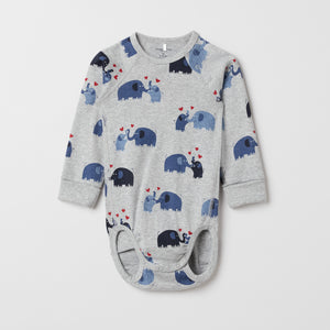 Elephant Print Organic Cotton Babygrow from the Polarn O. Pyret baby collection. Nordic baby clothes made from sustainable sources.