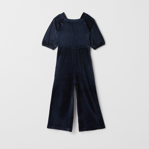 Recycled Polyester Navy Velour Jumpsuit from the Polarn O. Pyret kidswear collection. Ethically produced kids clothing.