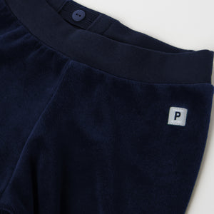 Navy Velour Baby Trousers from the Polarn O. Pyret baby collection. The best ethical baby clothes