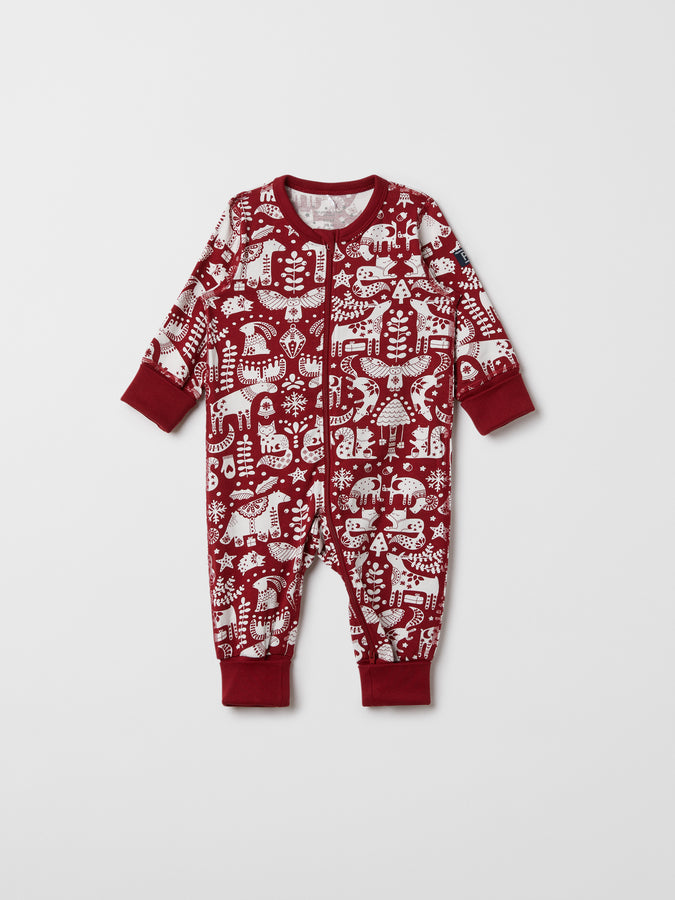 Christmas Print Cotton Baby Sleepsuit from the Polarn O. Pyret baby collection. Nordic baby clothes made from sustainable sources.