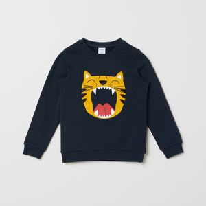 Tiger Print Cotton Kids Sweatshirt from the Polarn O. Pyret kidswear collection. Nordic kids clothes made from sustainable sources.