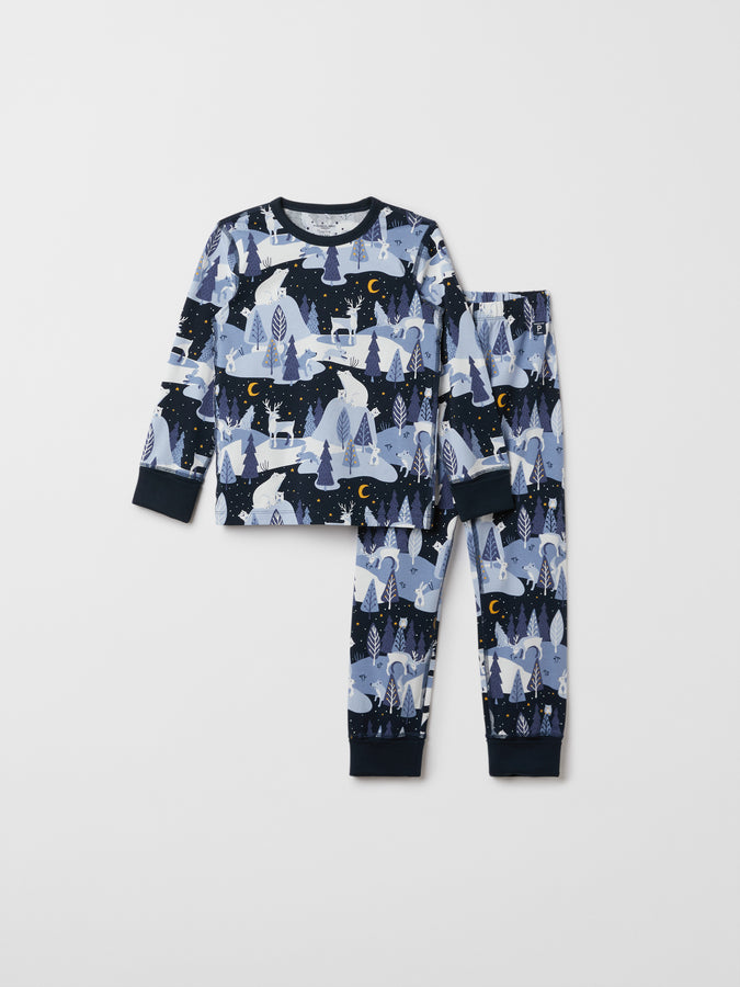 Blue Organic Kids Christmas Pyjamas from the Polarn O. Pyret kidswear collection. Clothes made using sustainably sourced materials.
