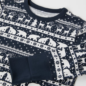 Blue Organic Kids Christmas Pyjamas from the Polarn O. Pyret kidswear collection. Nordic kids clothes made from sustainable sources.