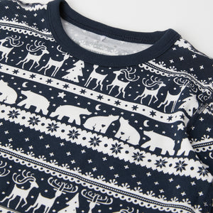 Blue Organic Kids Christmas Pyjamas from the Polarn O. Pyret kidswear collection. Nordic kids clothes made from sustainable sources.