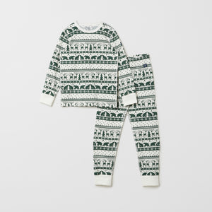 Green Organic Kids Christmas Pyjamas from the Polarn O. Pyret kidswear collection. Nordic kids clothes made from sustainable sources.
