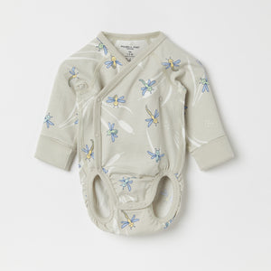 Dragonfly Print Wraparound Babygrow from the Polarn O. Pyret baby collection. Clothes made using sustainably sourced materials.