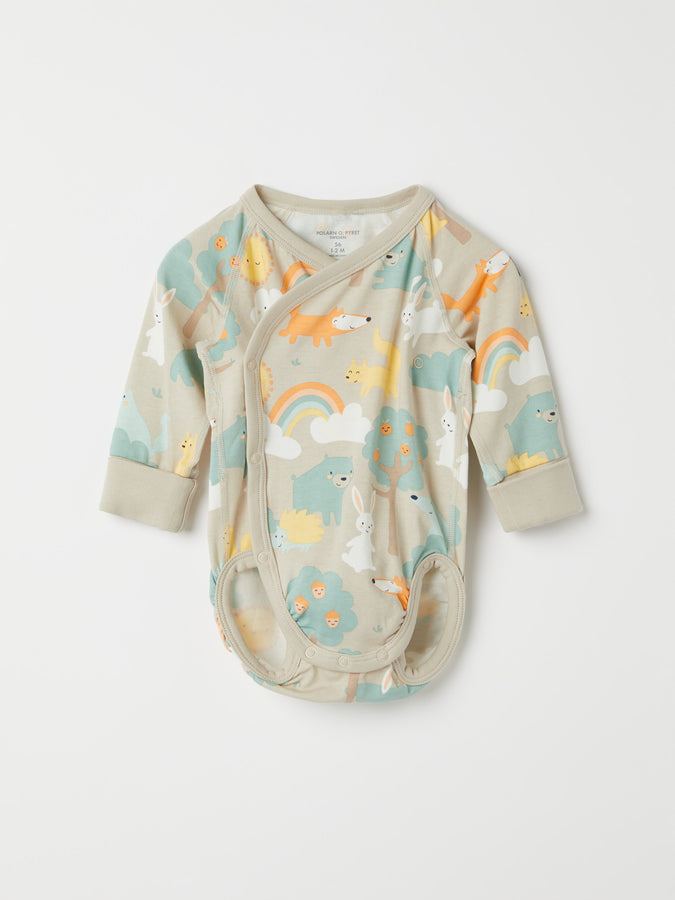 Forest Animal Print Wraparound Babygrow from the Polarn O. Pyret baby collection. Clothes made using sustainably sourced materials.