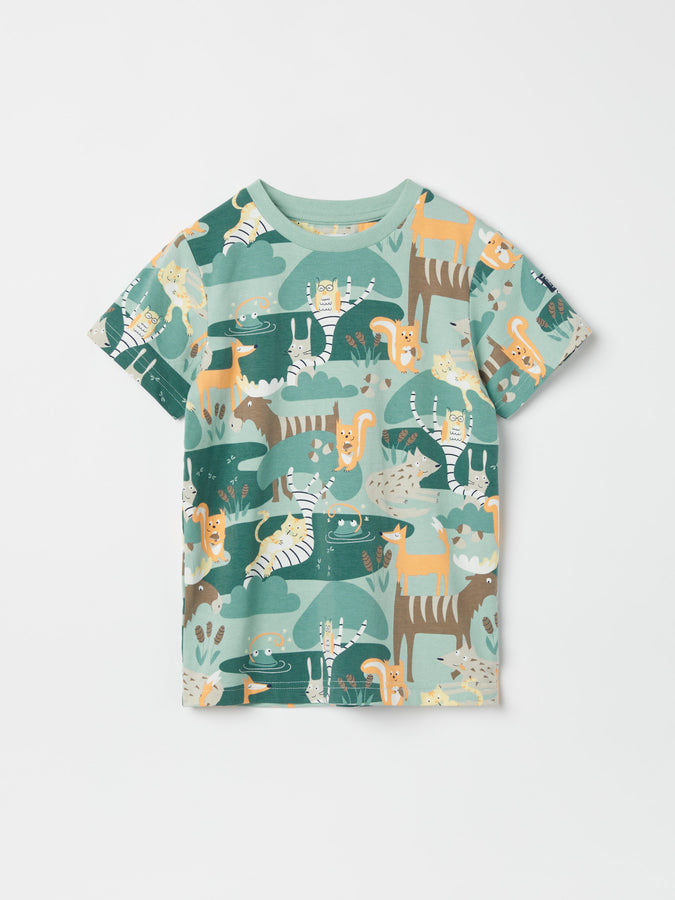 Forest Animal Print Kids T-Shirt from the Polarn O. Pyret kidswear collection. Nordic kids clothes made from sustainable sources.