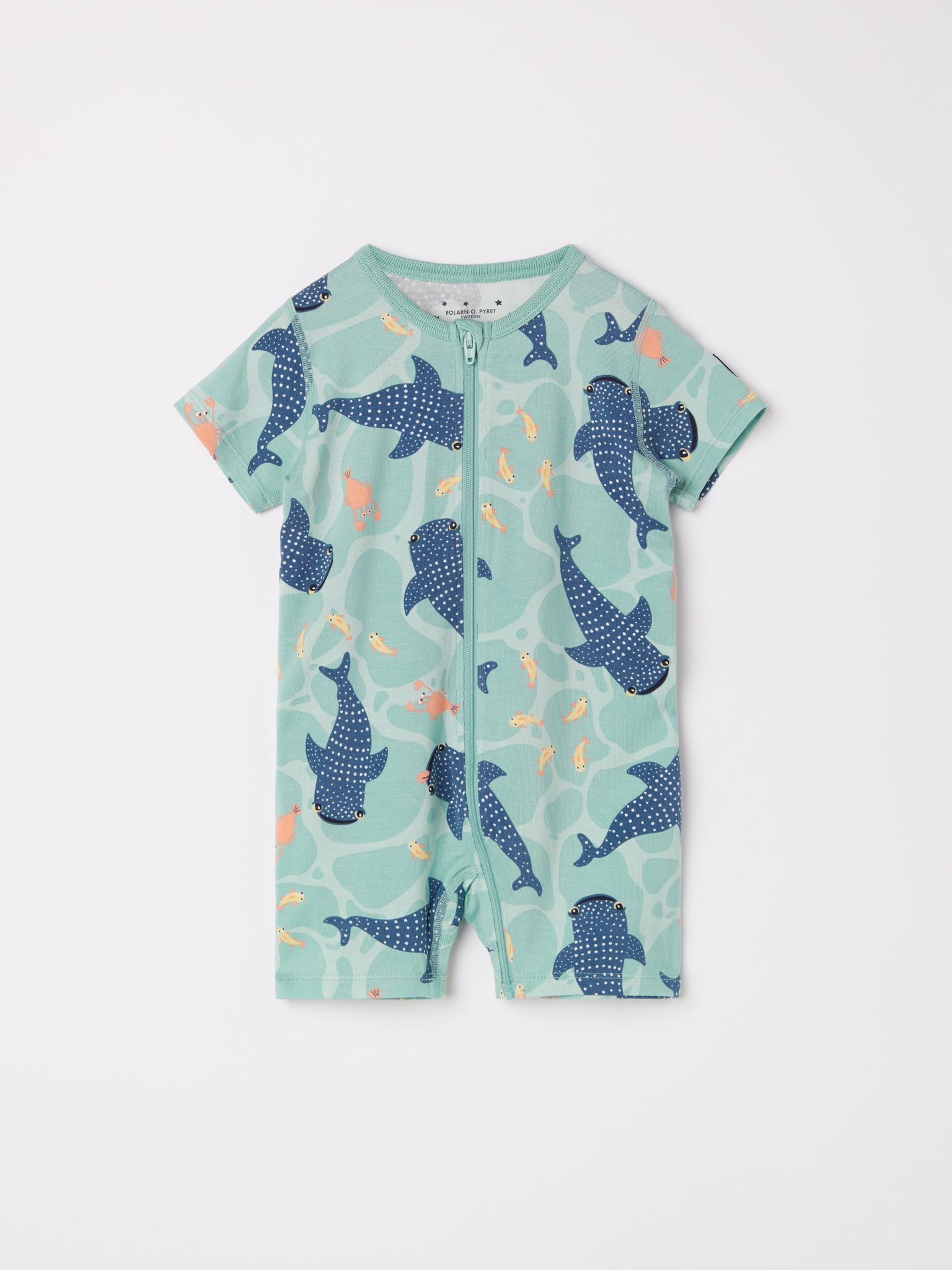 Shark Print Shortie Kids Sleepsuit from the Polarn O. Pyret kidswear collection. Ethically produced kids clothing.