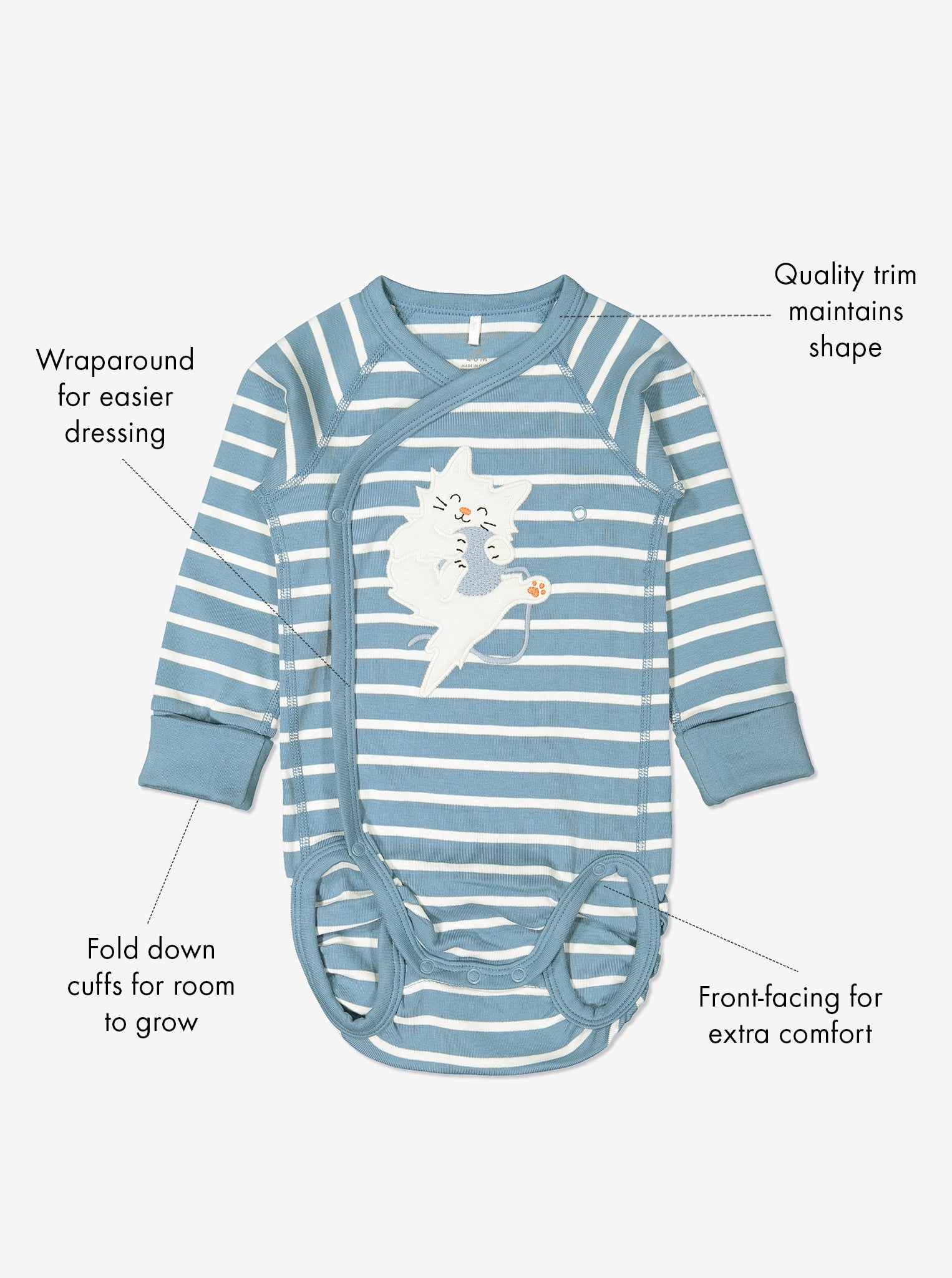 GOTS organic cotton long sleeve babygrow in unisex blue and white stripes with text labels shown on the sides
