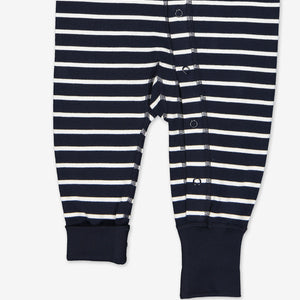 navy blue and white stripes baby all in one, ethical organic cotton, polarn o. pyret quality