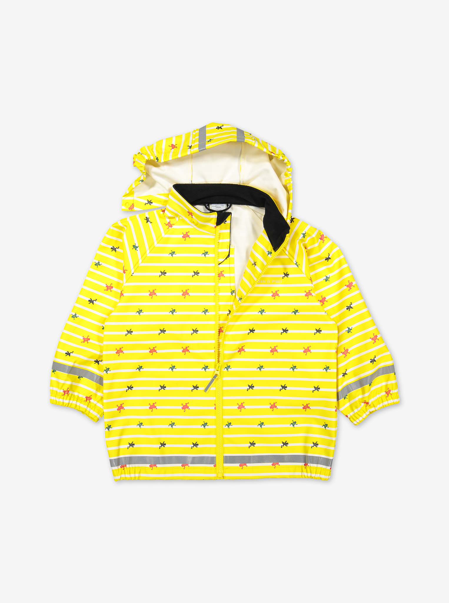 Yellow raincoat for kids with frog & stripes design, includes a detachable hood, elastic cuffs, and reflectors.