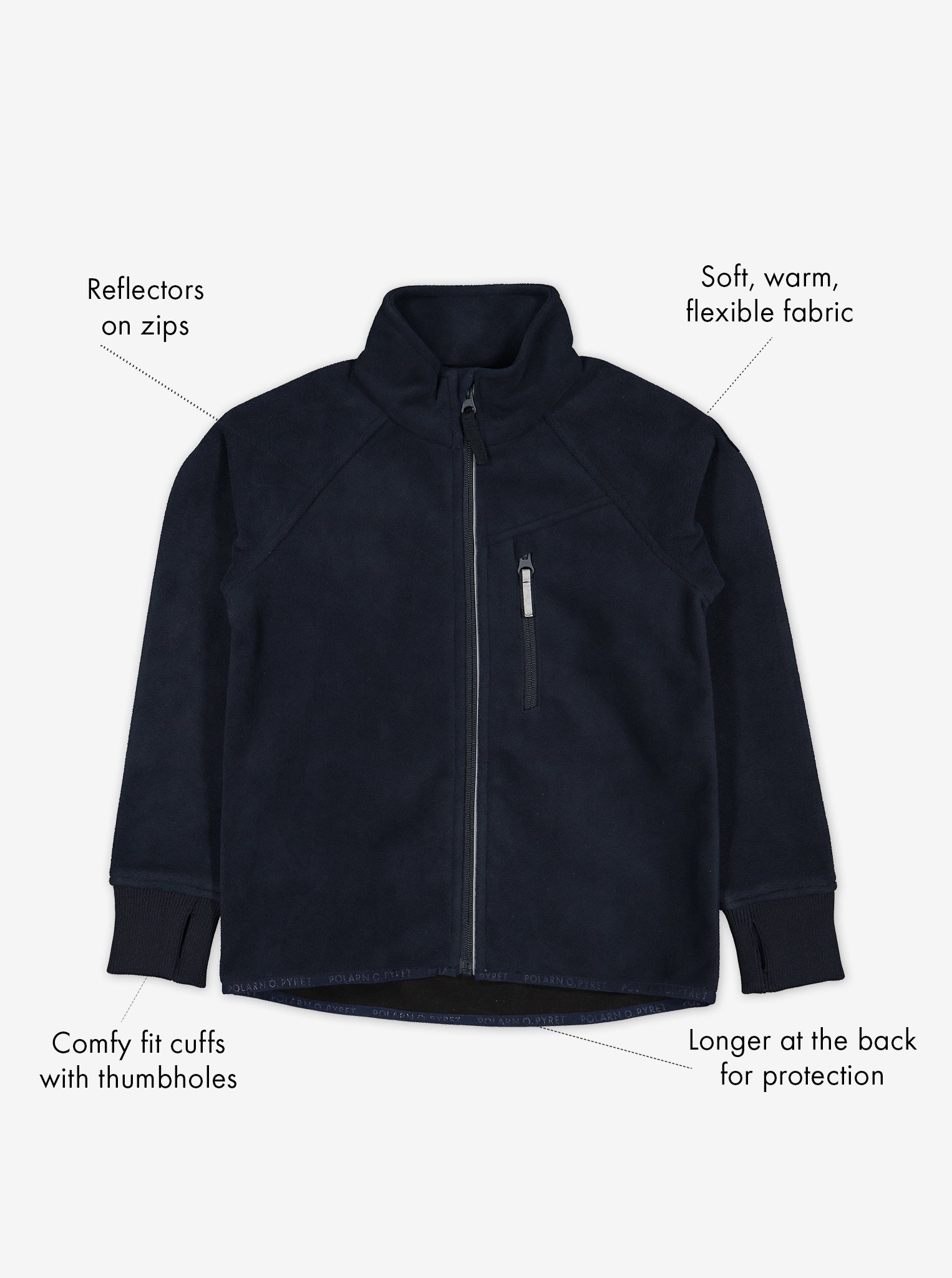 Navy, kids waterproof fleece jacket, with reflectors on zips and cuffs with thumbholes, made of soft and warm fabric.