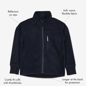 Navy, kids waterproof fleece jacket, with reflectors on zips and cuffs with thumbholes, made of soft and warm fabric.