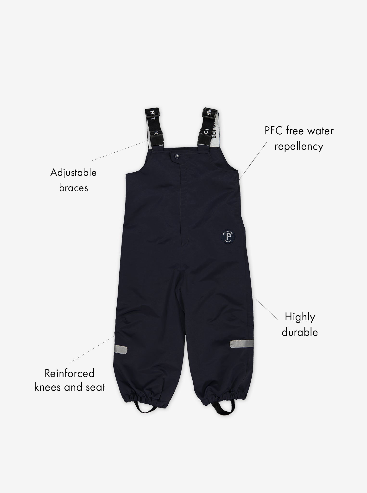 Baby waterproof black dungarees, ethical waterproof warm and comfortably high quality showing functions