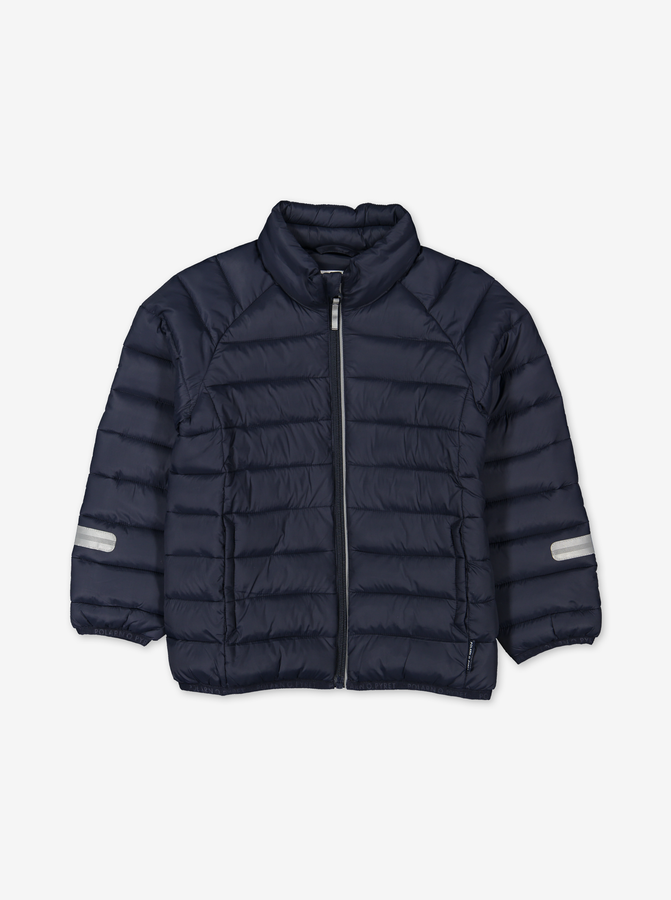 water resistant navy kids puffer jacket, recycled materials, warm and comfortable, ethical long lasting polarn o. pyret