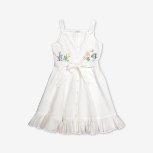 Flower Embroidered Kids Dress-Girl-6-12y-White