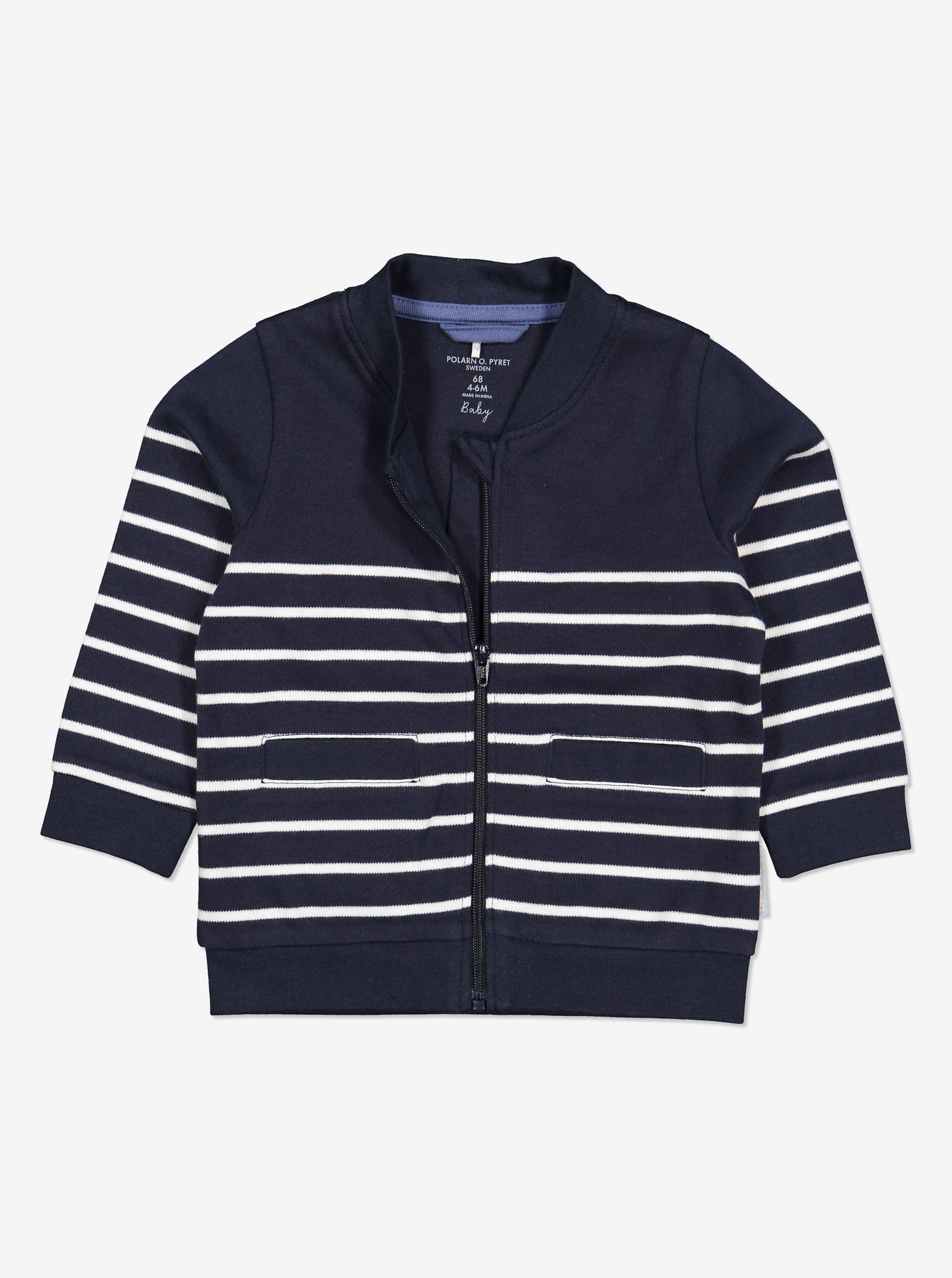 Organic cotton zipped baby sweatshirt. In classic navy and white stripes shown with zip half open. 
