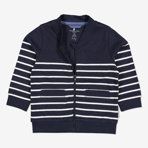 Organic cotton zipped baby sweatshirt. In classic navy and white stripes shown with zip half open. 