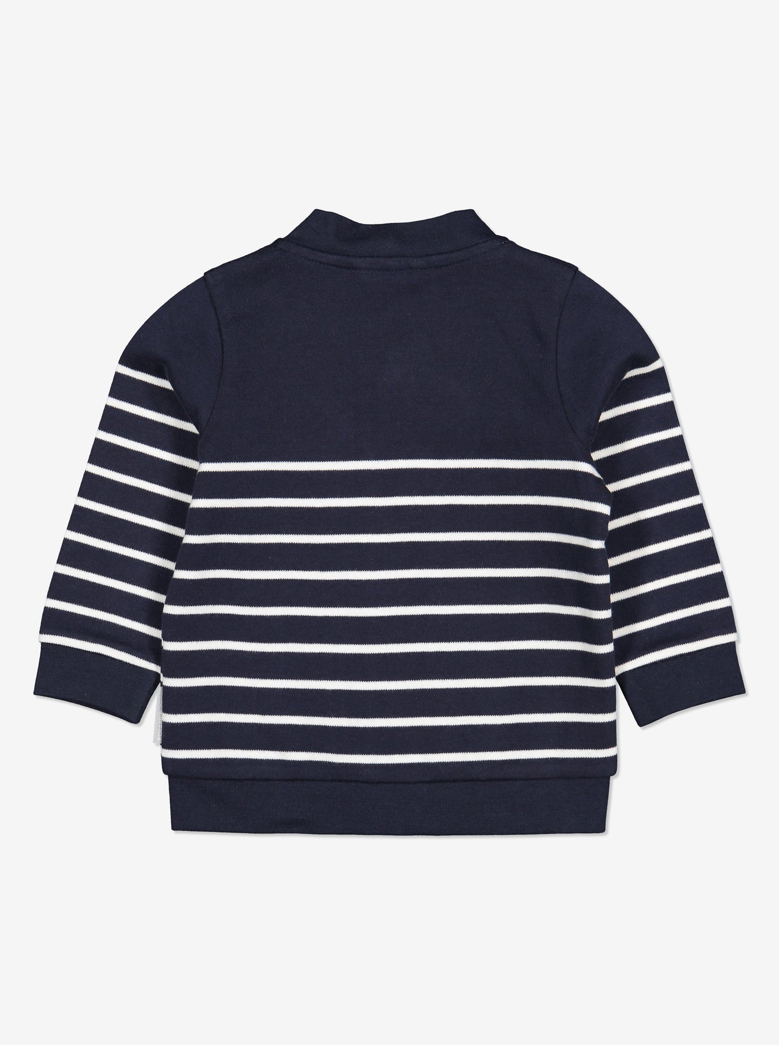 Back view of navy and white stripe baby sweatshirt. Made in 100% organic cotton.