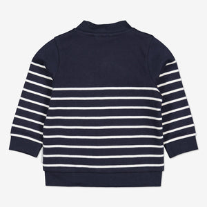 Back view of navy and white stripe baby sweatshirt. Made in 100% organic cotton.