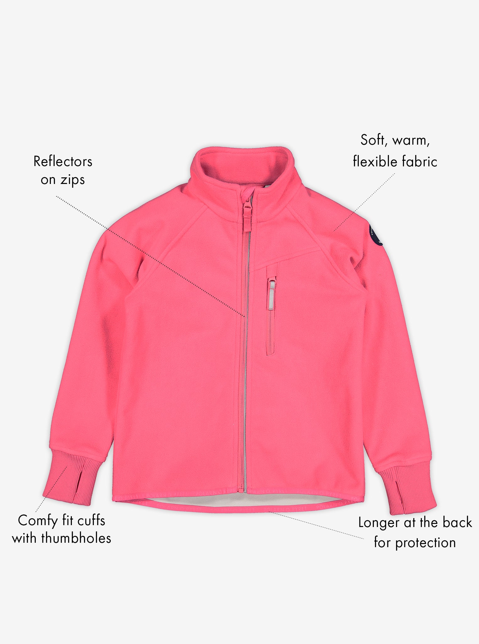 Pink, kids waterproof fleece jacket made of soft and warm fabric, comes with cuffs with thumbholes & reflectors on zips.