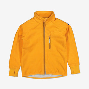 Yellow, kids waterproof fleece jacket with reflector zips and cuff thumbholes, made of breathable and soft fabric.