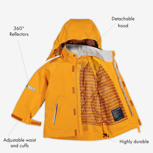 Yellow, kids waterproof jacket with detachable hood, reflectors, adjustable waist & cuffs, made of lightweight shell fabric.