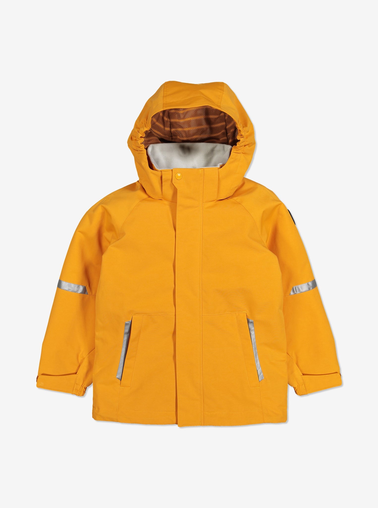 Kids waterproof jacket in yellow, comes with a detachable hood, adjustable cuffs and reflectors, made of soft shell fabric.