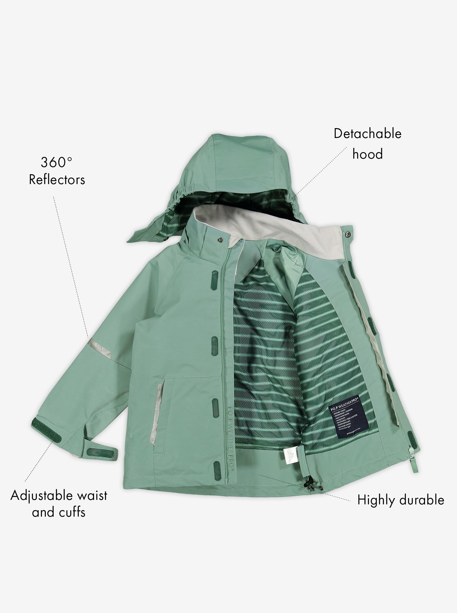 Lightweight kids waterproof jacket in colour green, includes a detachable hood, reflectors and adjustable waist and cuffs.