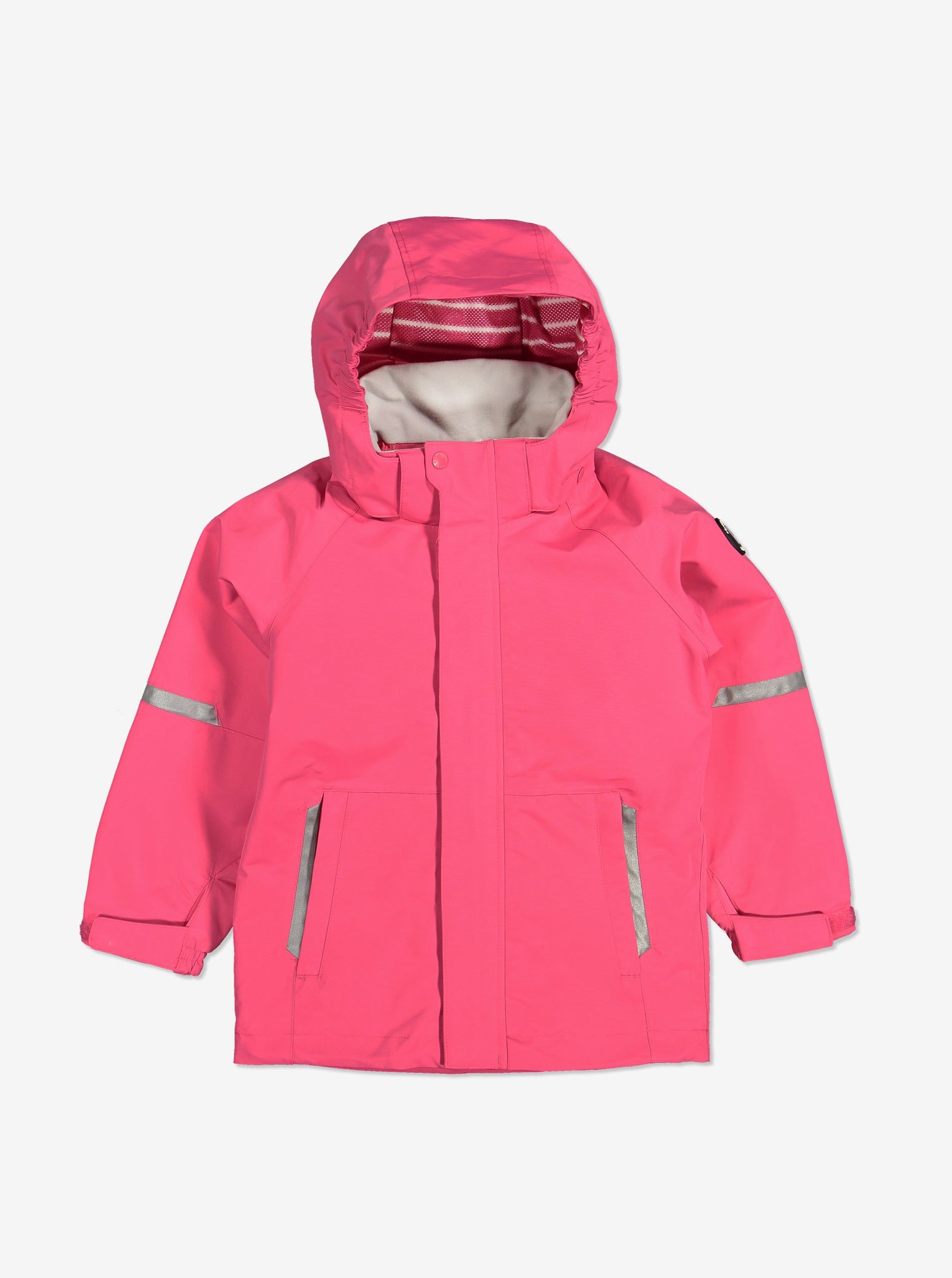 Pink, kids waterproof jacket, with detachable hood, reflectors, adjustable cuffs and front pockets, made of shell fabric.