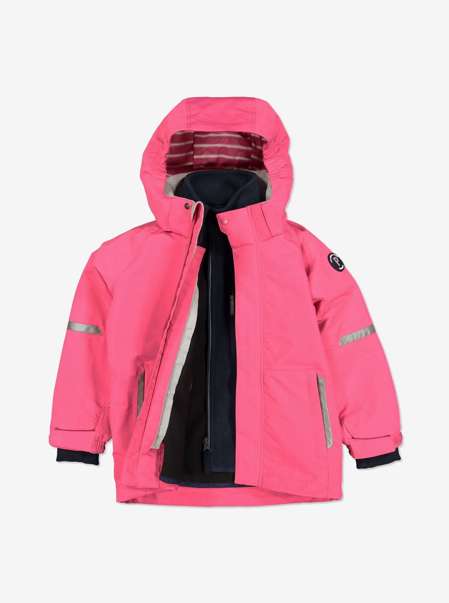 Pink, kids waterproof jacket made of shell fabric, comes with detachable hood, paired with a navy, kids fleece jacket.