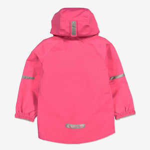 Back view of kids waterproof jacket in pink, comes with reflectors and detachable hood, made of soft shell fabric.