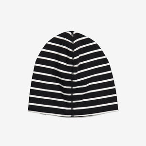 fleece lined kids beenie hat navy and white striped, organic cotton ethical and long lasting polarn o. pyret 