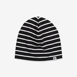 fleece lined kids beenie hat navy and white striped, organic cotton ethical and long lasting polarn o. pyret 