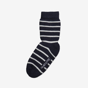 Pair of striped navy and white wool terry unisex kids socks made with mulesing-free merino wool for warmth and comfort
