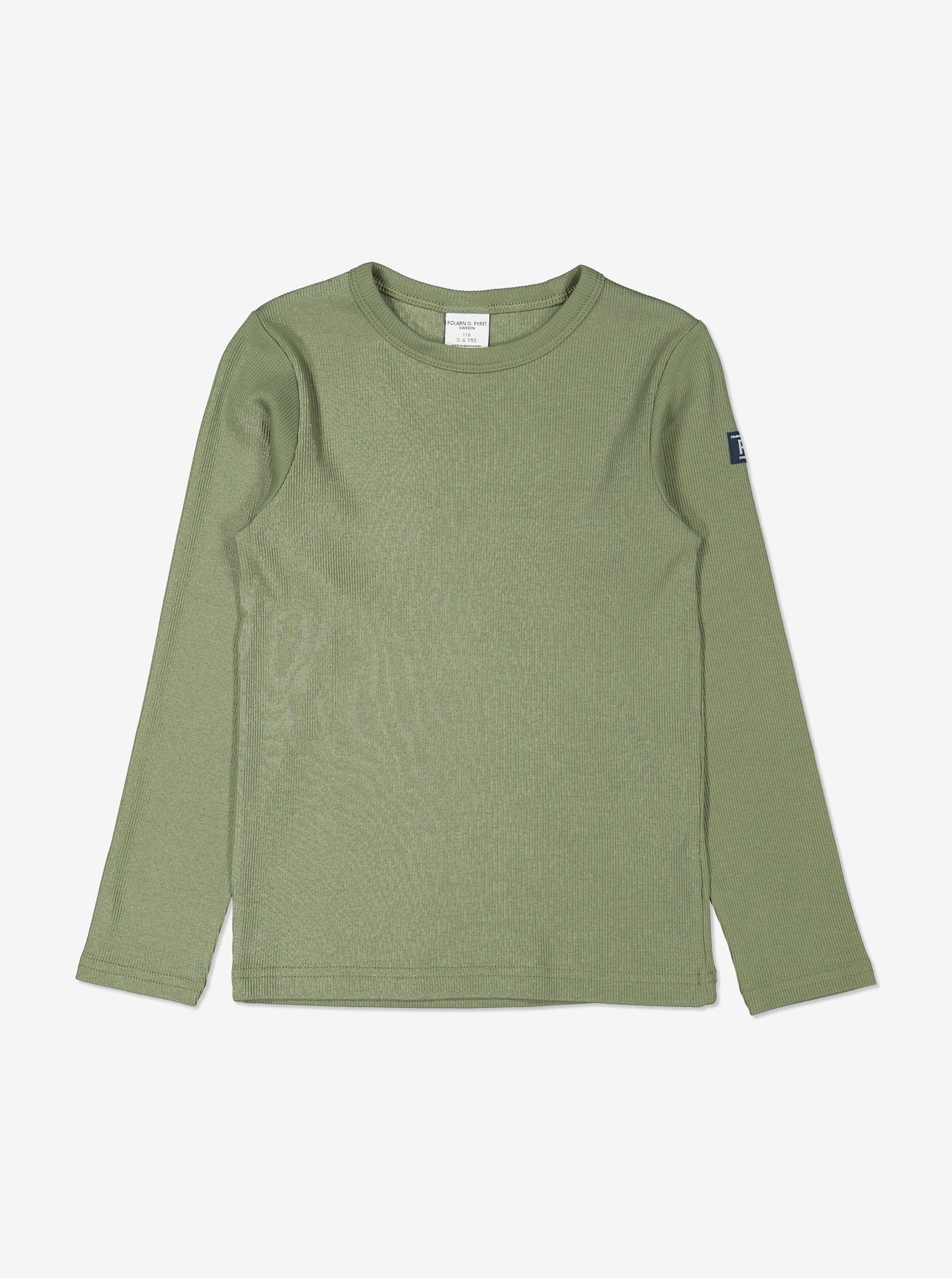 Front view of kids green top in soft organic cotton. 