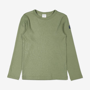 Front view of kids green top in soft organic cotton. 