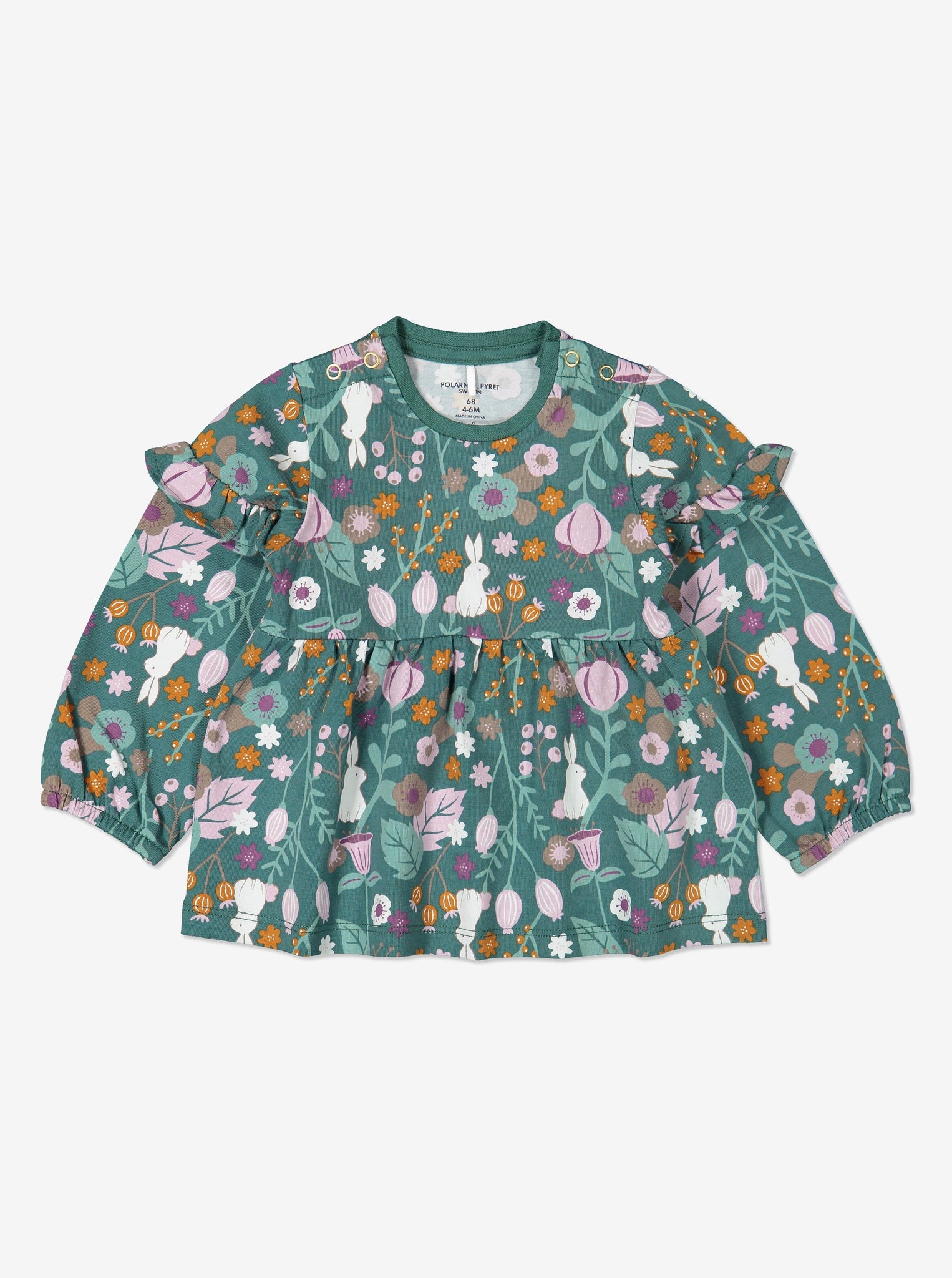 Woodland print top for baby girls with frilled shoulders, made from organic cotton fabric