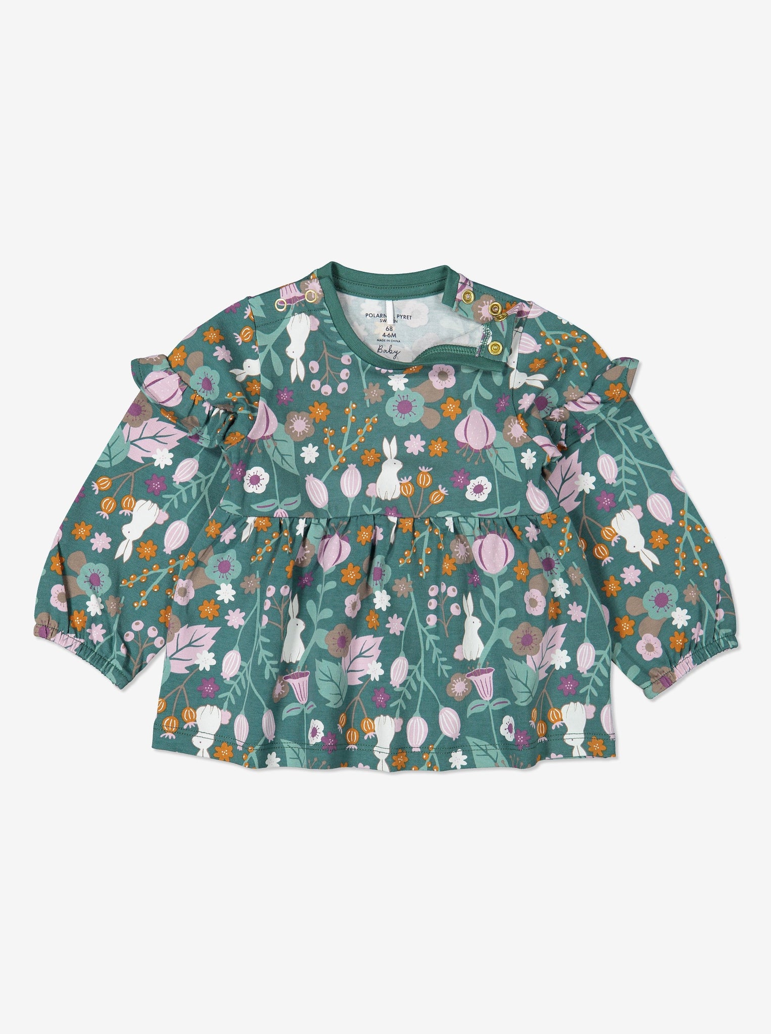Woodland print top for baby girls with poppers on one shoulders for easy dressing, made from organic cotton fabric