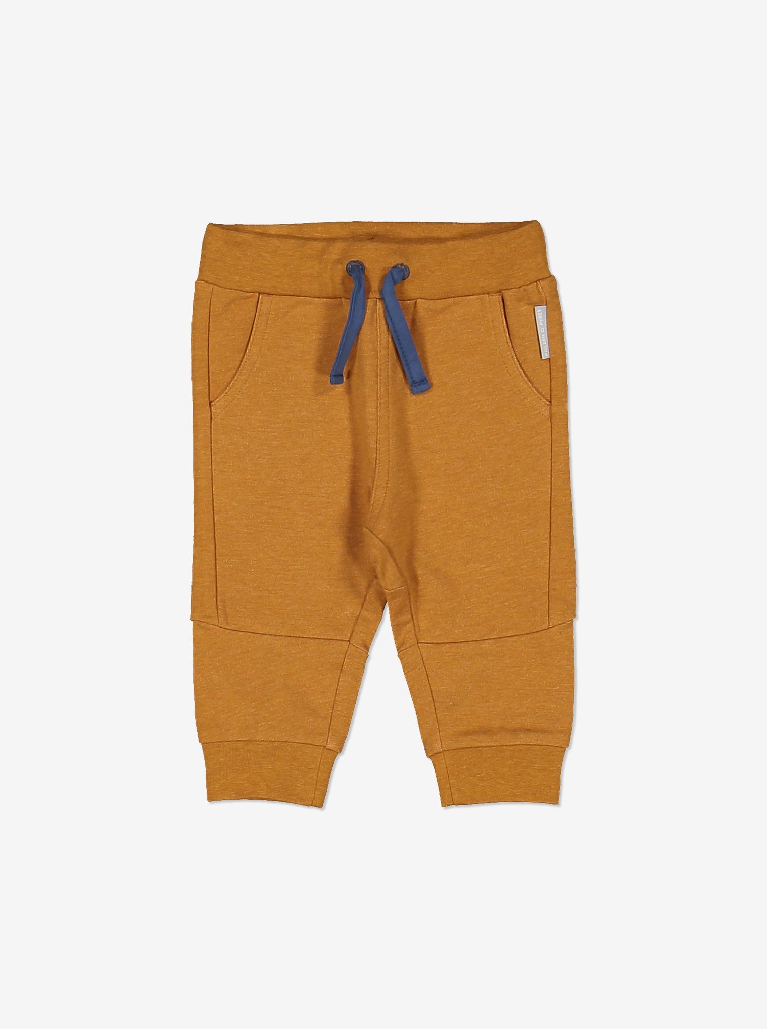 Soft brown baby leggings in soft GOTS organic cotton.  With contrast draw sting waist, two front pockets and ribbed cuffs to keep them in place.
